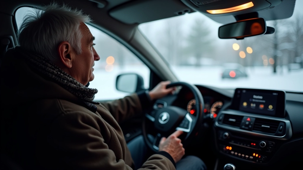 Driver hands on steering wheel inside warm SUV cabin during winter snow storm