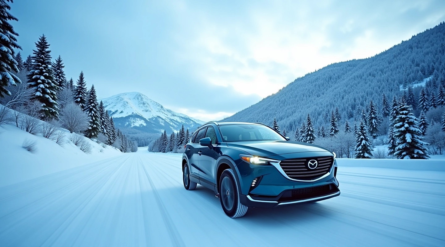 Winter landscape with snow-covered SUV on Canadian highway, dramatic mountain backdrop