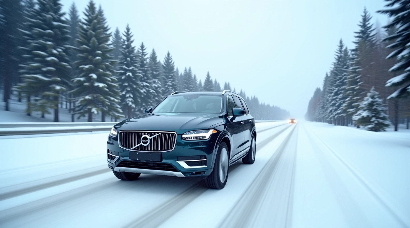 Modern SUV on winter road conditions