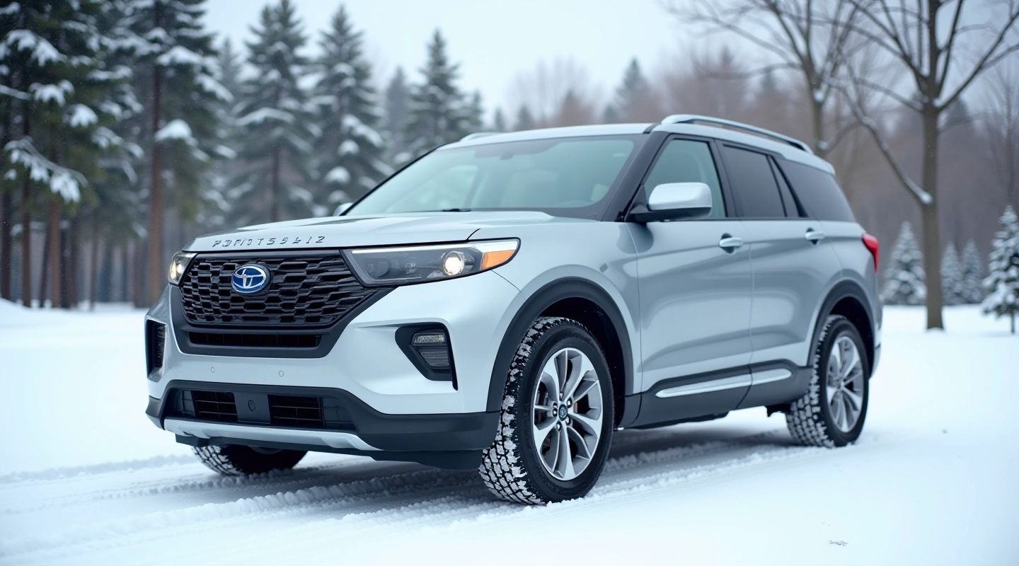 Modern SUV parked in snowy winter landscape with frost-covered evergreen trees