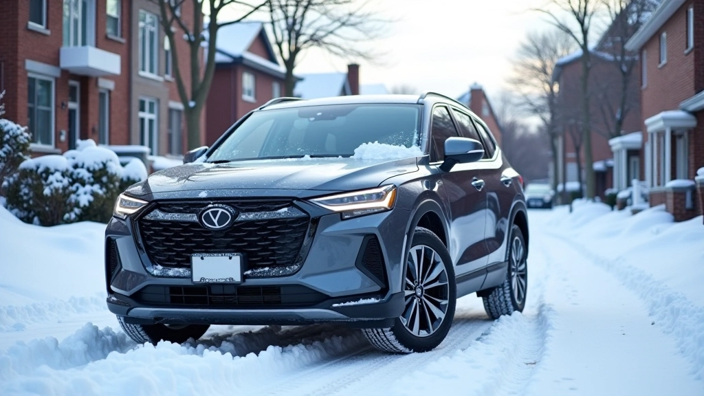 Modern SUV parked on snowy street with clear visibility of wheels and body