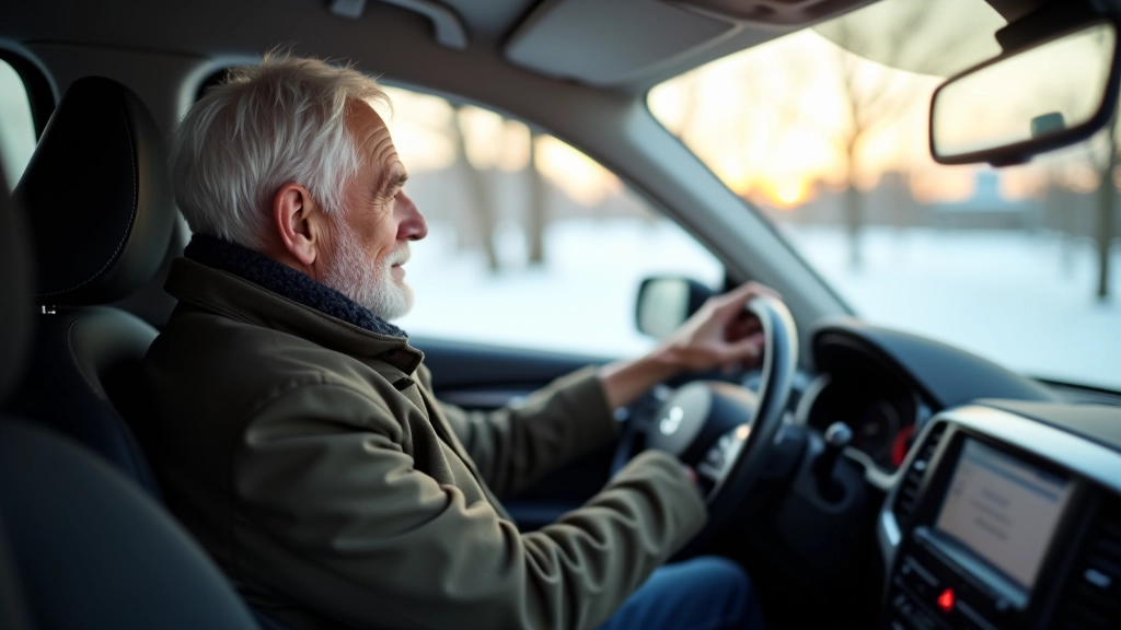 Senior driver sitting in driver's seat of SUV, hands on steering wheel, clear visibility through windshield