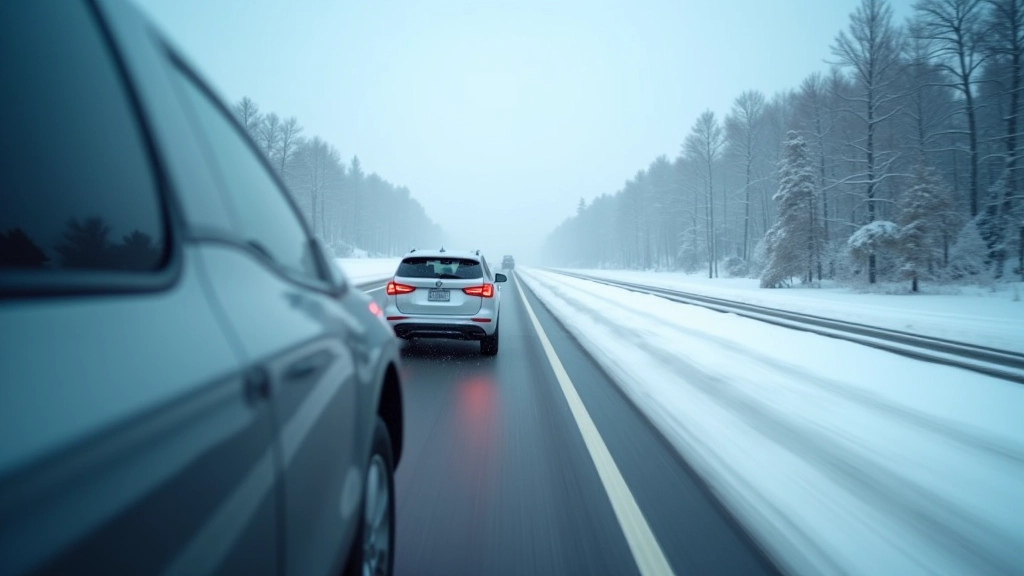 Winter highway conditions showing SUV maintaining stability on snow and ice with clear road ahead