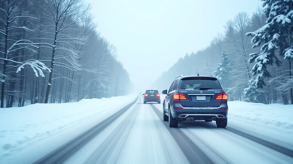 Winter landscape showing snow-covered roads and vehicles driving safely in adverse winter conditions