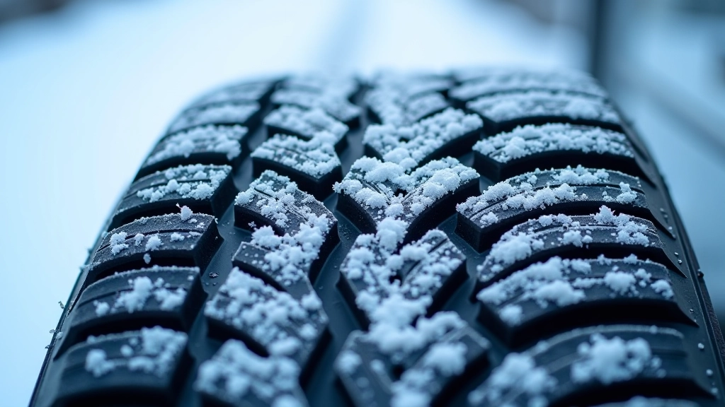 Winter tire tread pattern showing deep grooves designed for snow and ice traction