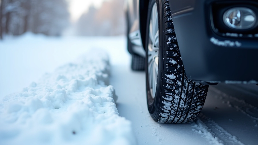 Close-up of tire tread and snow on a winter road surface